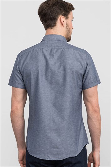 Erkek Slim Fit Dar Kesim Kısa Kollu Pamuklu Oxford Doku Lacivert Düğmeli Yaka Gömlek