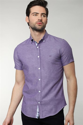 Erkek Slim Fit Dar Kesim Kısa Kollu Pamuklu Oxford Doku Kolay Ütülenebilir Mor Düğmeli Yaka Gömlek
