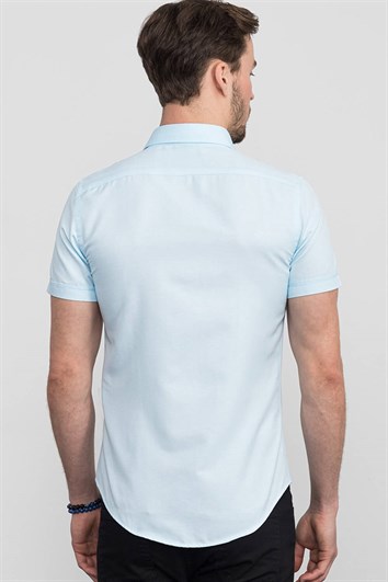 Erkek Slim Fit Dar Kesim Kısa Kollu Pamuklu Oxford Doku Turkuaz Düğmeli Yaka Gömlek