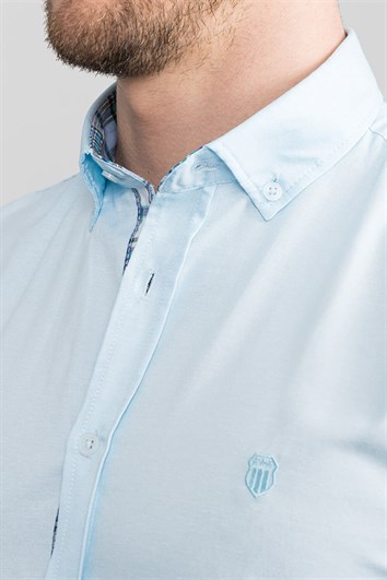 Erkek Slim Fit Dar Kesim Kısa Kollu Pamuklu Oxford Doku Turkuaz Düğmeli Yaka Gömlek