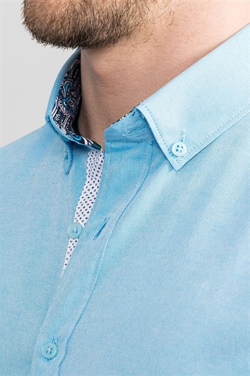 Slim Fit Kısa Kollu Poplin Oxford Erkek Mavi Gömlek
