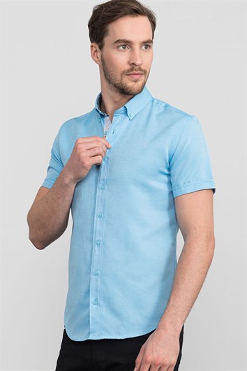 Slim Fit Kısa Kollu Poplin Oxford Erkek Mavi Gömlek