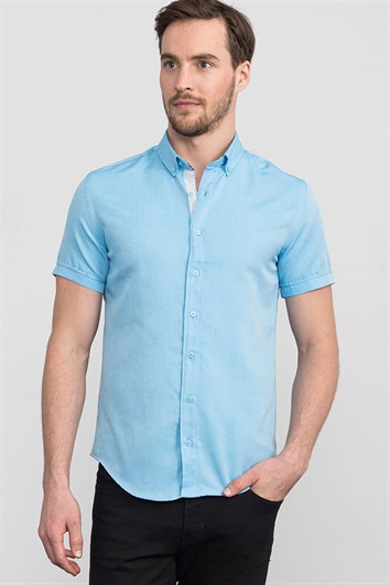 Slim Fit Kısa Kollu Poplin Oxford Erkek Mavi Gömlek
