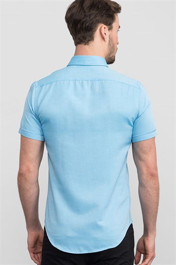 Slim Fit Kısa Kollu Poplin Oxford Erkek Mavi Gömlek