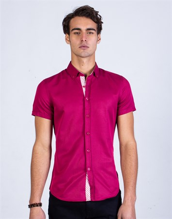 Slim Fit Kısa Kollu Spor Erkek Fuşya Pembe Gömlek