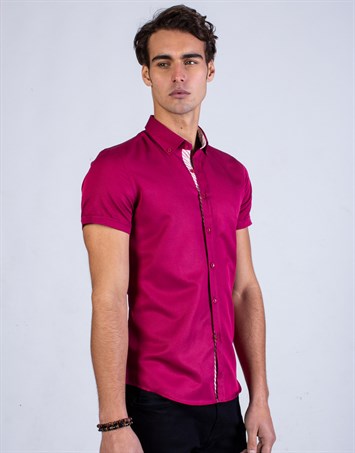 Slim Fit Kısa Kollu Spor Erkek Fuşya Pembe Gömlek