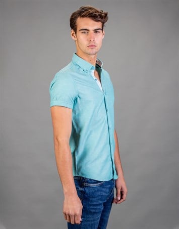 Slim Fit Kısa Kollu Spor Erkek Yeşil Turkuaz Gömlek