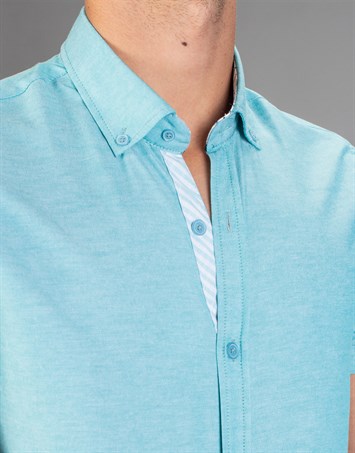 Slim Fit Kısa Kollu Spor Erkek Yeşil Turkuaz Gömlek