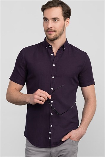 Slim Fit Kısa Kollu Armürlü Spor Erkek Mor Bordo Gömlek
