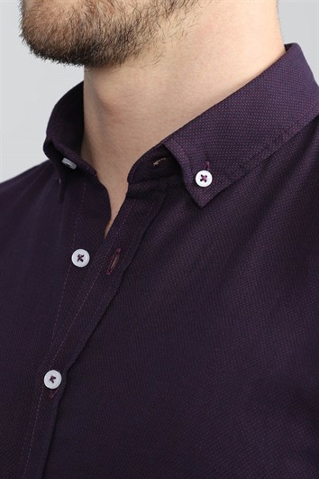 Slim Fit Kısa Kollu Armürlü Spor Erkek Mor Bordo Gömlek