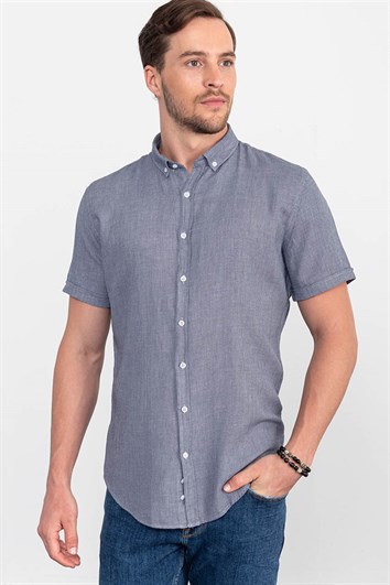 Slim Fit Kısa Kollu Armürlü Spor Erkek Lacivert Gömlek