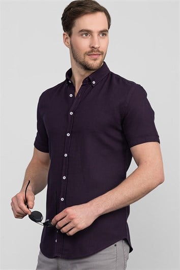 Slim Fit Kısa Kollu Armürlü Spor Erkek Mor Bordo Gömlek