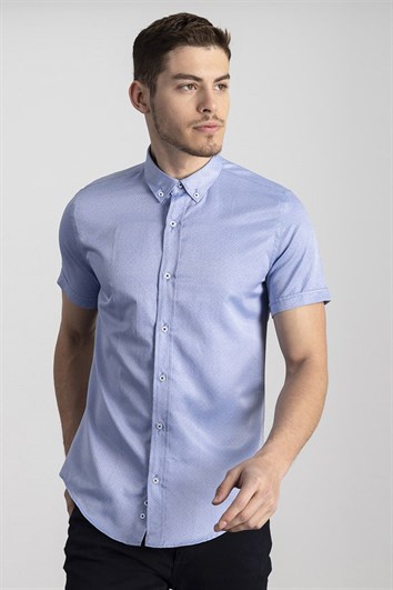 Slim Fit Kısa Kollu Desenli Erkek Mavi Gömlek