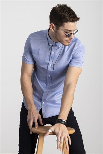 Slim Fit Kısa Kollu Desenli Erkek Mavi Gömlek