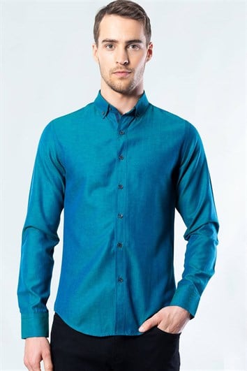 Erkek Slim Fit Dar Kesim Uzun Kollu Pamuklu Oxford Doku Kolay Ütülenebilir Yeşil Düğmeli Yaka Gömlek