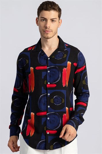 Slim Fit Dar Kesim Uzun Kollu Baskılı Desenli Apaş Yaka Viskon Gömlek