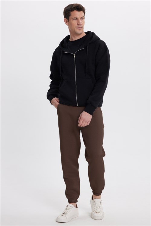 Unisex Relax Fit Rahat Kesim Şardonlu 3 Cepli Lastikli Jogger Paça Kahverengi Eşofman Altı