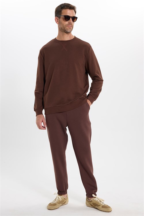 Unisex Relax Fit Rahat Kesim Şardonlu 3 Cepli Lastikli Jogger Paça Kahverengi Eşofman Altı