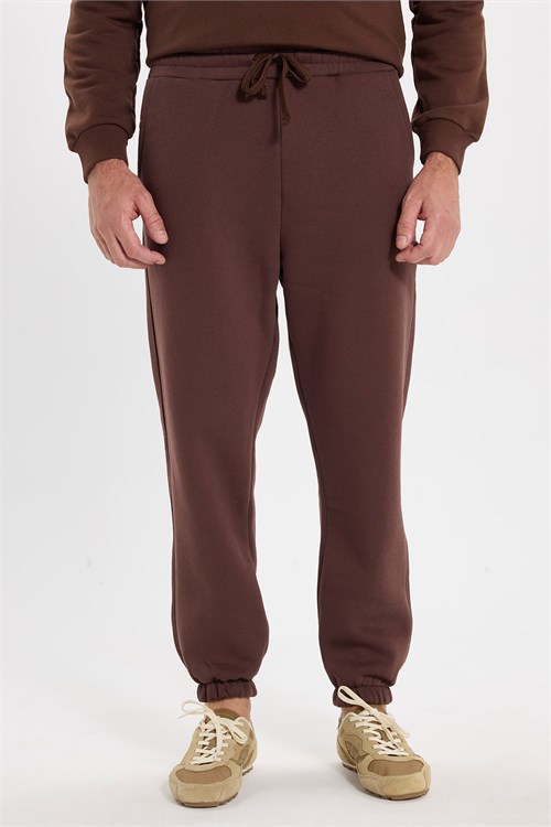Unisex Relax Fit Rahat Kesim Şardonlu 3 Cepli Lastikli Jogger Paça Kahverengi Eşofman Altı