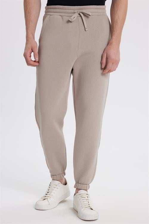 Unisex Relax Fit Rahat Kesim Şardonlu 3 Cepli Lastikli Jogger Paça Bej Eşofman Altı
