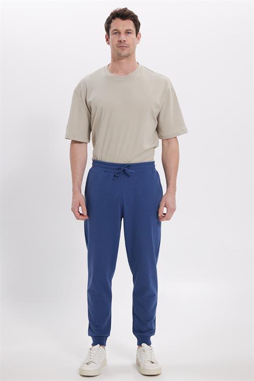 Erkek Regular Fit Klasik Kesim Beli Bağcıklı Jogger Cepli Lastikli Paça İndigo Eşofman Altı