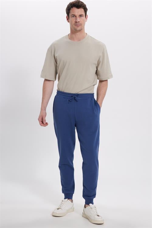 Erkek Regular Fit Klasik Kesim Beli Bağcıklı Jogger Cepli Lastikli Paça İndigo Eşofman Altı