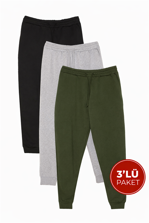 Erkek 3lü Paket Siyah-Gri-Haki Regular Fit Beli Bağcıklı Jogger Cepli Lastikli Paça Eşofman Altı
