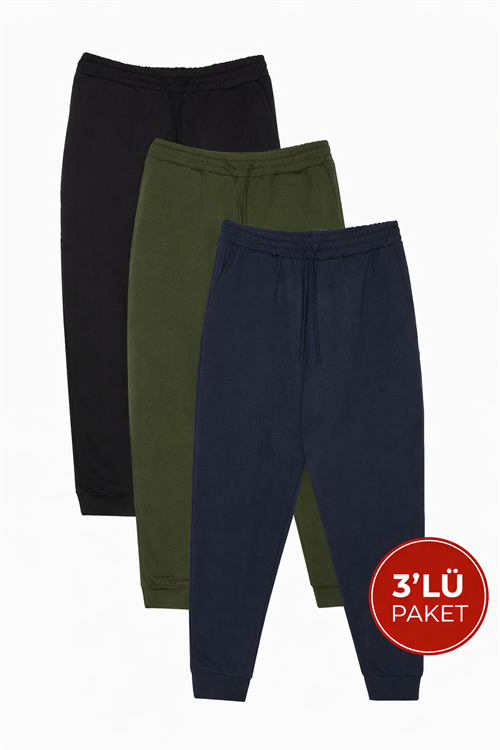 Erkek 3lü Paket Siyah-Lacivert-Haki Regular Fit Beli Bağcıklı Jogger Cepli Lastikli Paça Eşofman Altı
