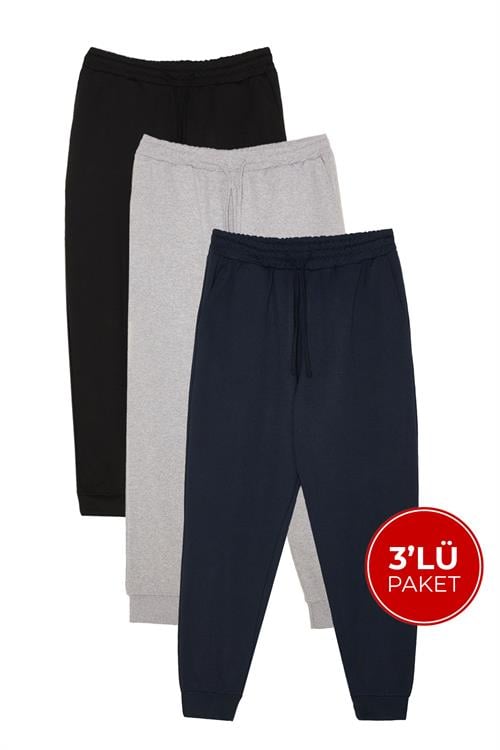 Erkek 3lü Paket Lacivert-Gri-Siyah Regular Fit Beli Bağcıklı Jogger Cepli Lastikli Paça Eşofman Altı