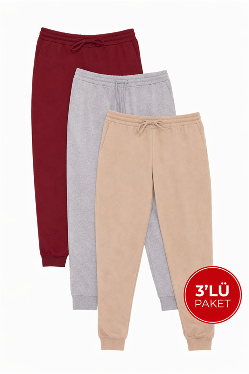 Erkek 3lü Paket Bej-Gri-Bordo Regular Fit Beli Bağcıklı Jogger Cepli Lastikli Paça Eşofman Altı