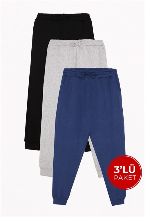 Erkek 3lü Paket Siyah-Gri-İndigo Regular Fit Beli Bağcıklı Jogger Cepli Lastikli Paça Eşofman Altı