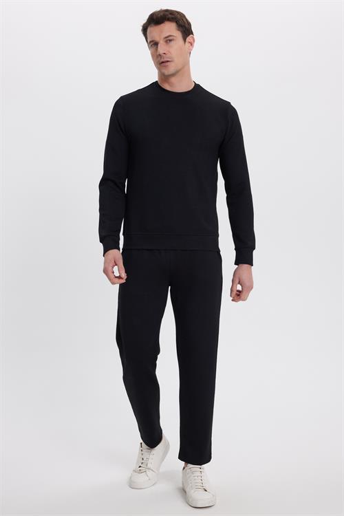 Erkek Slim Fit Dar Kesim Beli Bağcıklı 3 Cepli Geniş Paça Siyah Eşofman Altı