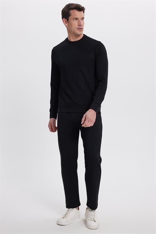 Erkek Slim Fit Dar Kesim Beli Bağcıklı 3 Cepli Geniş Paça Siyah Eşofman Altı