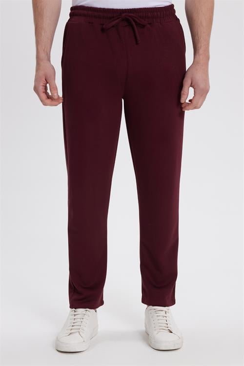 Erkek Slim Fit Dar Kesim Beli Bağcıklı 3 Cepli Geniş Paça Bordo Eşofman Altı