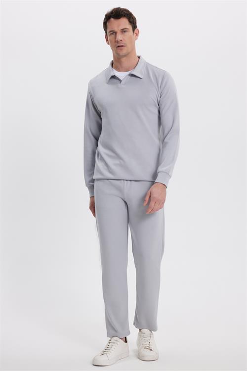 Erkek Slim Fit Dar Kesim Beli Bağcıklı 3 Cepli Geniş Paça Gri Eşofman Altı
