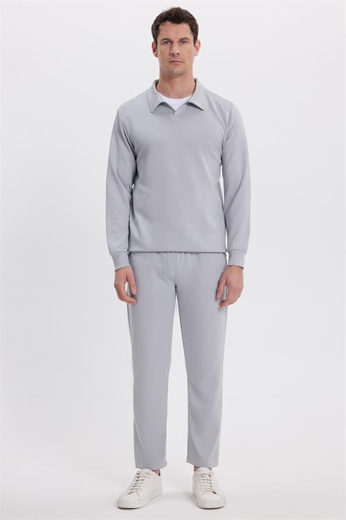 Erkek Slim Fit Dar Kesim Beli Bağcıklı 3 Cepli Geniş Paça Gri Eşofman Altı