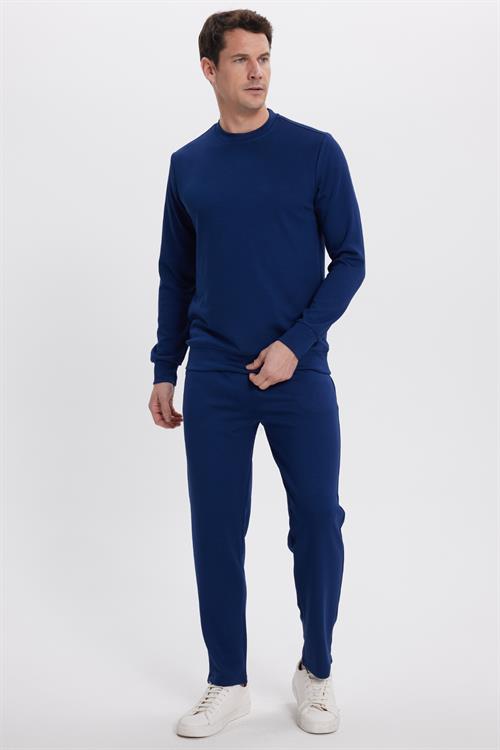 Erkek Slim Fit Dar Kesim Beli Bağcıklı 3 Cepli Geniş Paça Lacivert Eşofman Altı