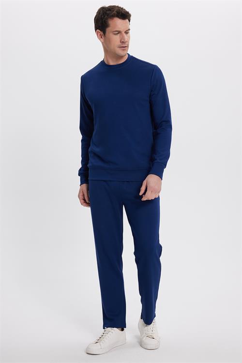 Erkek Slim Fit Dar Kesim Beli Bağcıklı 3 Cepli Geniş Paça Lacivert Eşofman Altı