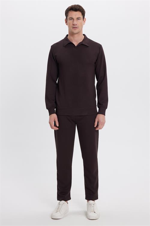 Erkek Slim Fit Dar Kesim Beli Bağcıklı 3 Cepli Geniş Paça Koyu Kahve Eşofman Altı
