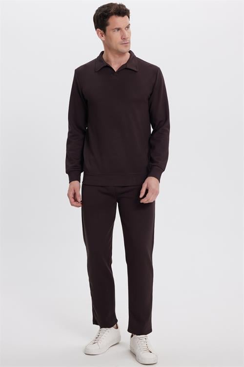 Erkek Slim Fit Dar Kesim Beli Bağcıklı 3 Cepli Geniş Paça Koyu Kahve Eşofman Altı