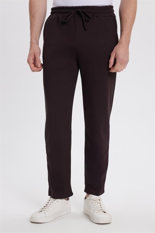 Erkek Slim Fit Dar Kesim Beli Bağcıklı 3 Cepli Geniş Paça Koyu Kahve Eşofman Altı