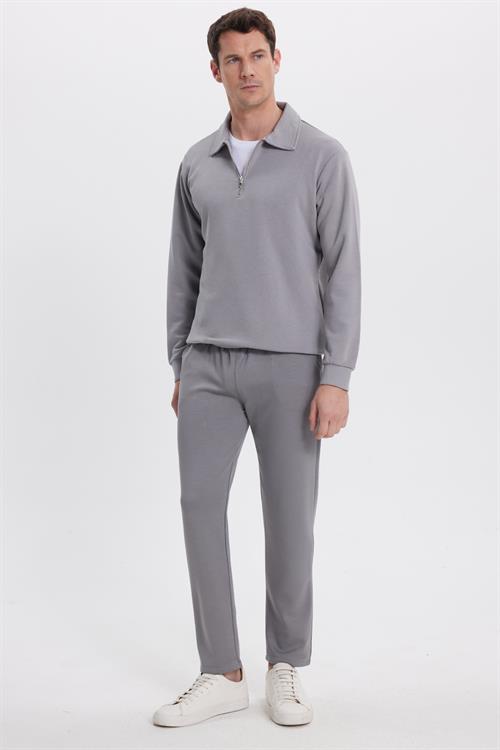 Erkek Slim Fit Dar Kesim Beli Bağcıklı 3 Cepli Geniş Paça Açık Füme Eşofman Altı