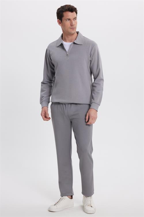 Erkek Slim Fit Dar Kesim Beli Bağcıklı 3 Cepli Geniş Paça Açık Füme Eşofman Altı