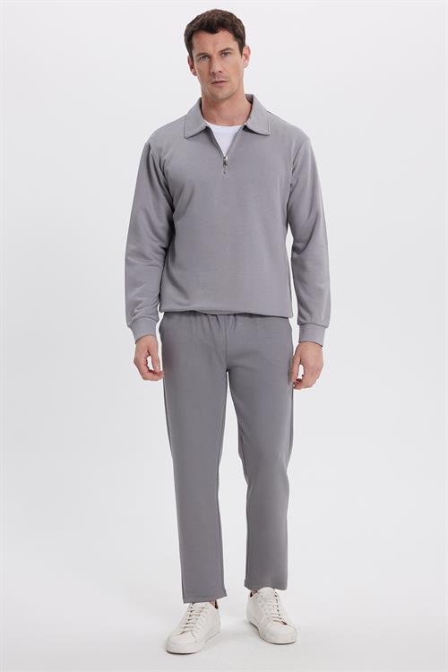 Erkek Slim Fit Dar Kesim Beli Bağcıklı 3 Cepli Geniş Paça Açık Füme Eşofman Altı