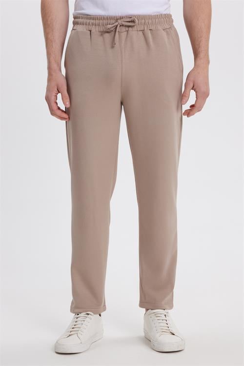 Erkek Slim Fit Dar Kesim Beli Bağcıklı 3 Cepli Geniş Paça Koyu Vizon Eşofman Altı