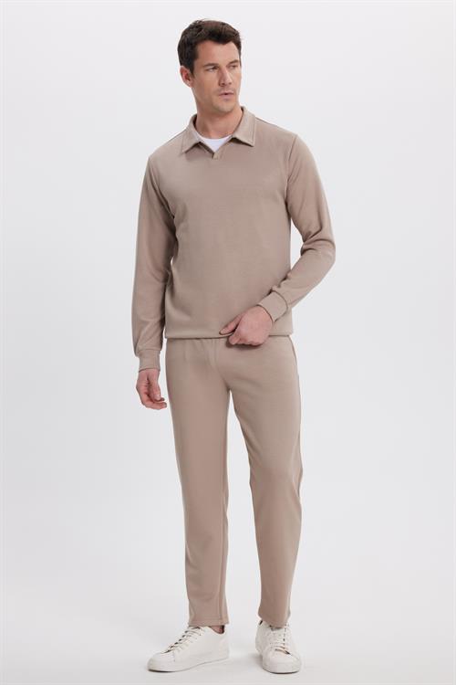 Erkek Slim Fit Dar Kesim Beli Bağcıklı 3 Cepli Geniş Paça Koyu Vizon Eşofman Altı