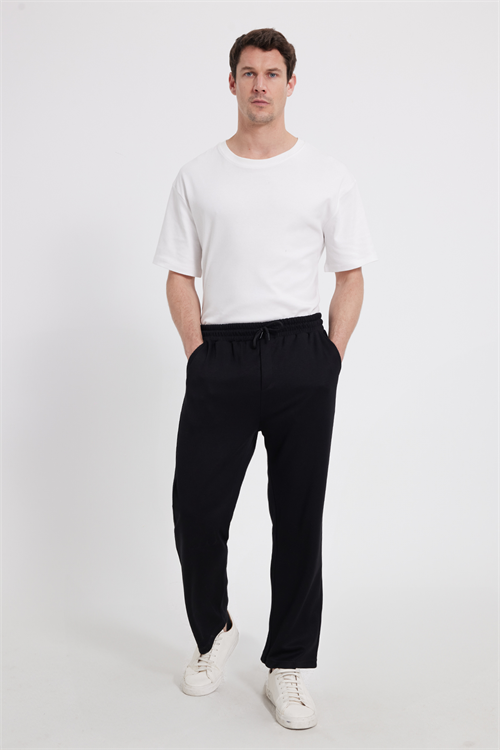Erkek Siyah Baggy Fit Rahat Kesim Modal Kumaş Soft Doku Beli Bağcıklı Yan Cepli Eşofman Altı