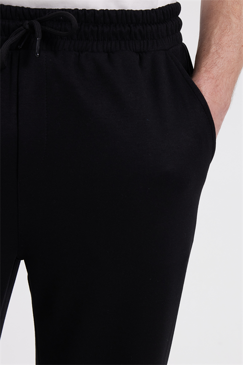 Erkek Siyah Baggy Fit Rahat Kesim Modal Kumaş Soft Doku Beli Bağcıklı Yan Cepli Eşofman Altı