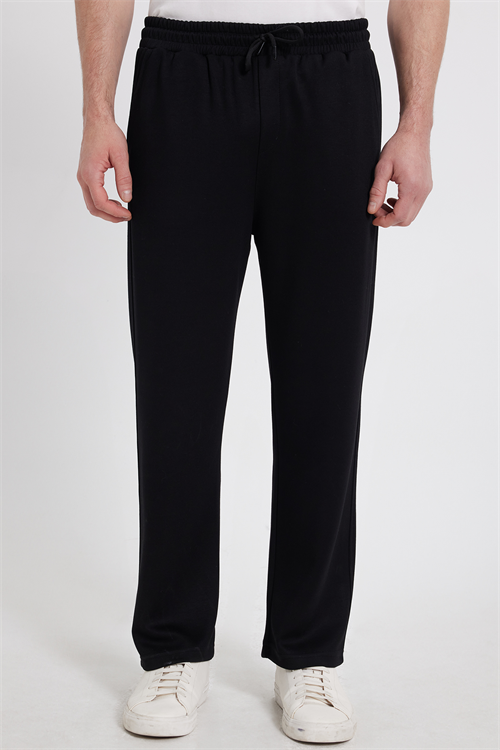 Erkek Siyah Baggy Fit Rahat Kesim Modal Kumaş Soft Doku Beli Bağcıklı Yan Cepli Eşofman Altı