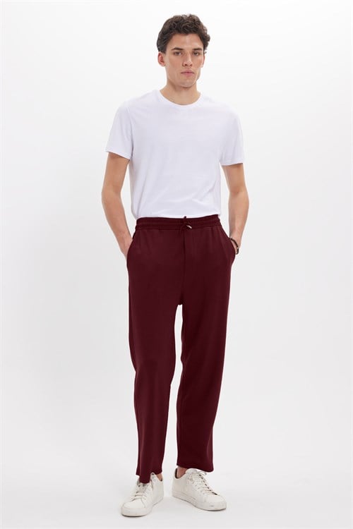 Erkek Baggy Fit Rahat Kesim Modal Kumaş Soft Doku Beli Bağcıklı Yan Cepli Bordo Eşofman Altı